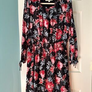 LOFT Floral Smocked Waist Dress – Black/Red